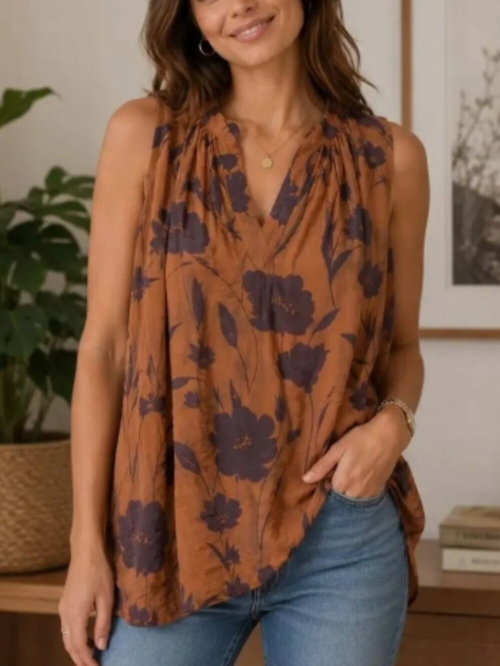 Vera Wang Simply Vera Sleeveless Blouse, Burnt Orange w/ Floral Print XXL, NWT